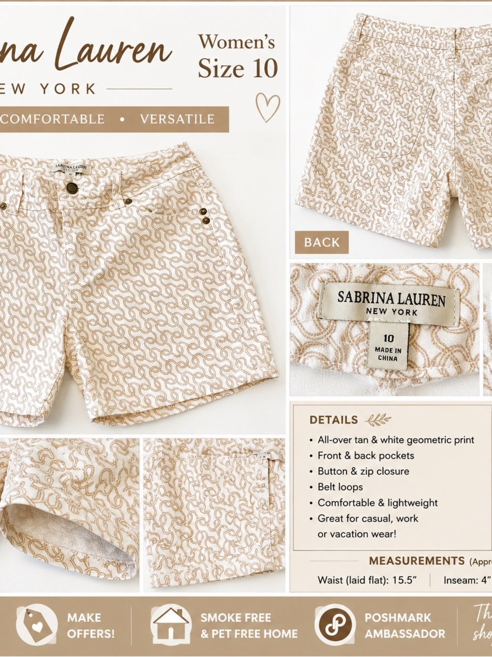 Sabrina Lauren White Shorts with Beige Chain-Link Print